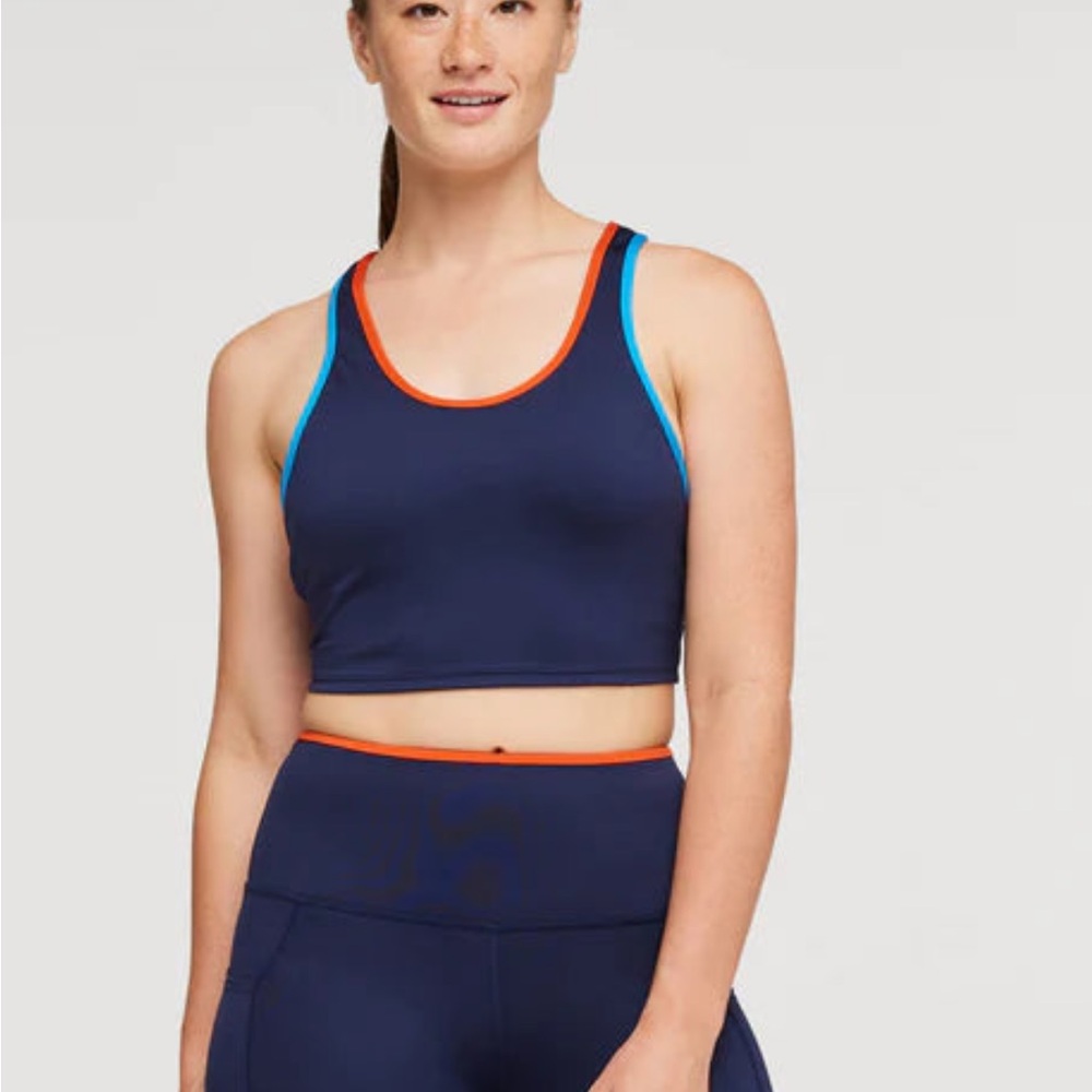 Cotopaxi Mariposa Crop Sports Bra Navy Blue Coral Bright Blue Strap XS NWT